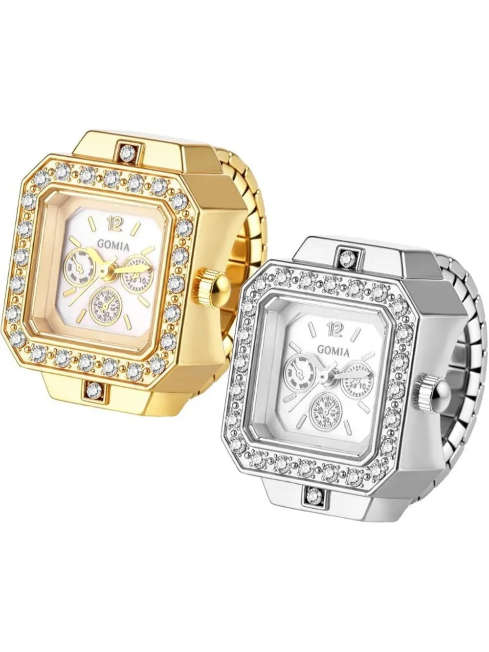 Unisex Gold Quartz Bling Stainless Steel Elastic Band Square Finger Ring Watch